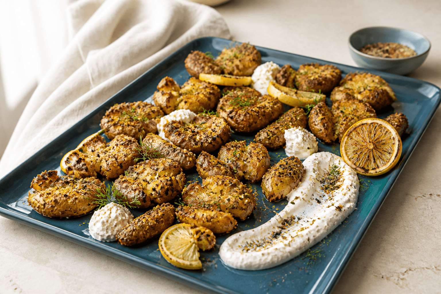 Sprøde knuste kartoffelbåde med sort og hvid sesamdukkah, grillet citron, pisket feta og dild på et petrolblåt fad