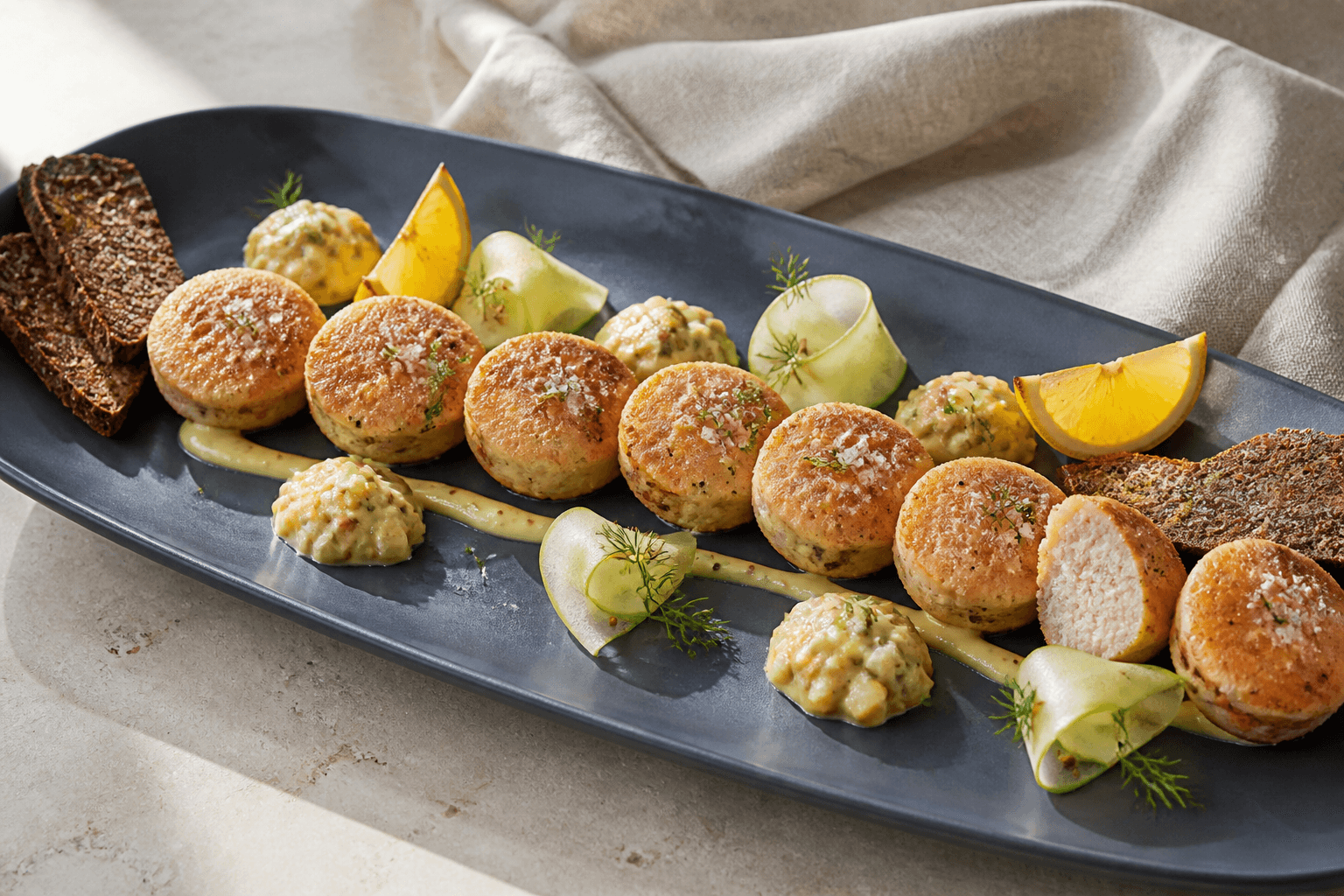 Otte sprødstegte torskerognsmedaljoner med citron-bygremoulade, rugtoast, æblebånd, dild og grillet citron på et mørkeblåt fad