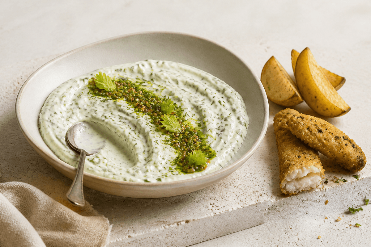 Cremet urte-tatarsauce med kapersolie, syltede sennepsfrø, selleriblade, fiskestykker og kartoffelbåde i en lav sandfarvet skål