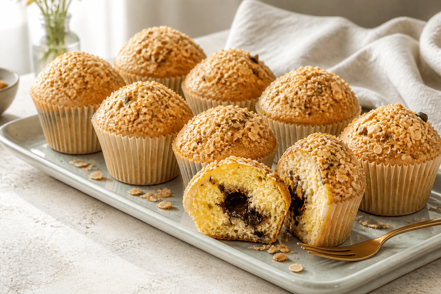 Ni høje vaniljemuffins med havre-mandelcrumble og mørk chokoladekerne på et langt celadongrønt fad