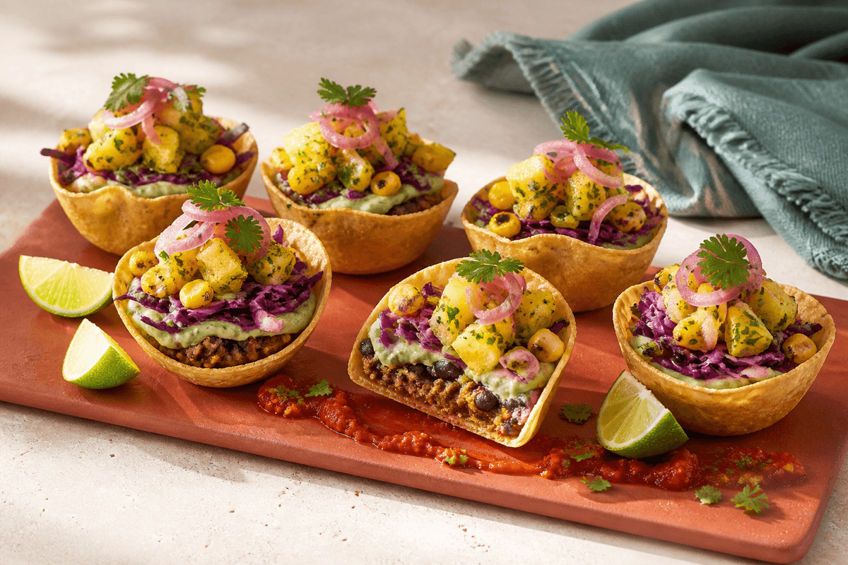 Seks sprøde majs-tacoskåle med krydret oksekød, sorte bønner, avocadocreme, rødkål, ananassalsa og syltet rødløg