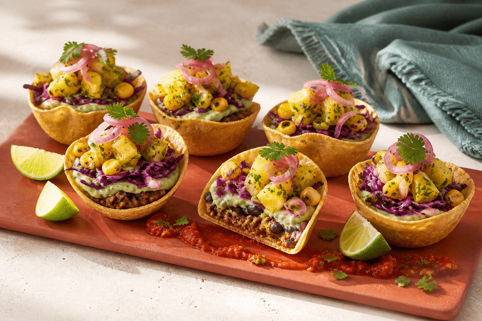 Seks sprøde majs-tacoskåle med krydret oksekød, sorte bønner, avocadocreme, rødkål, ananassalsa og syltet rødløg