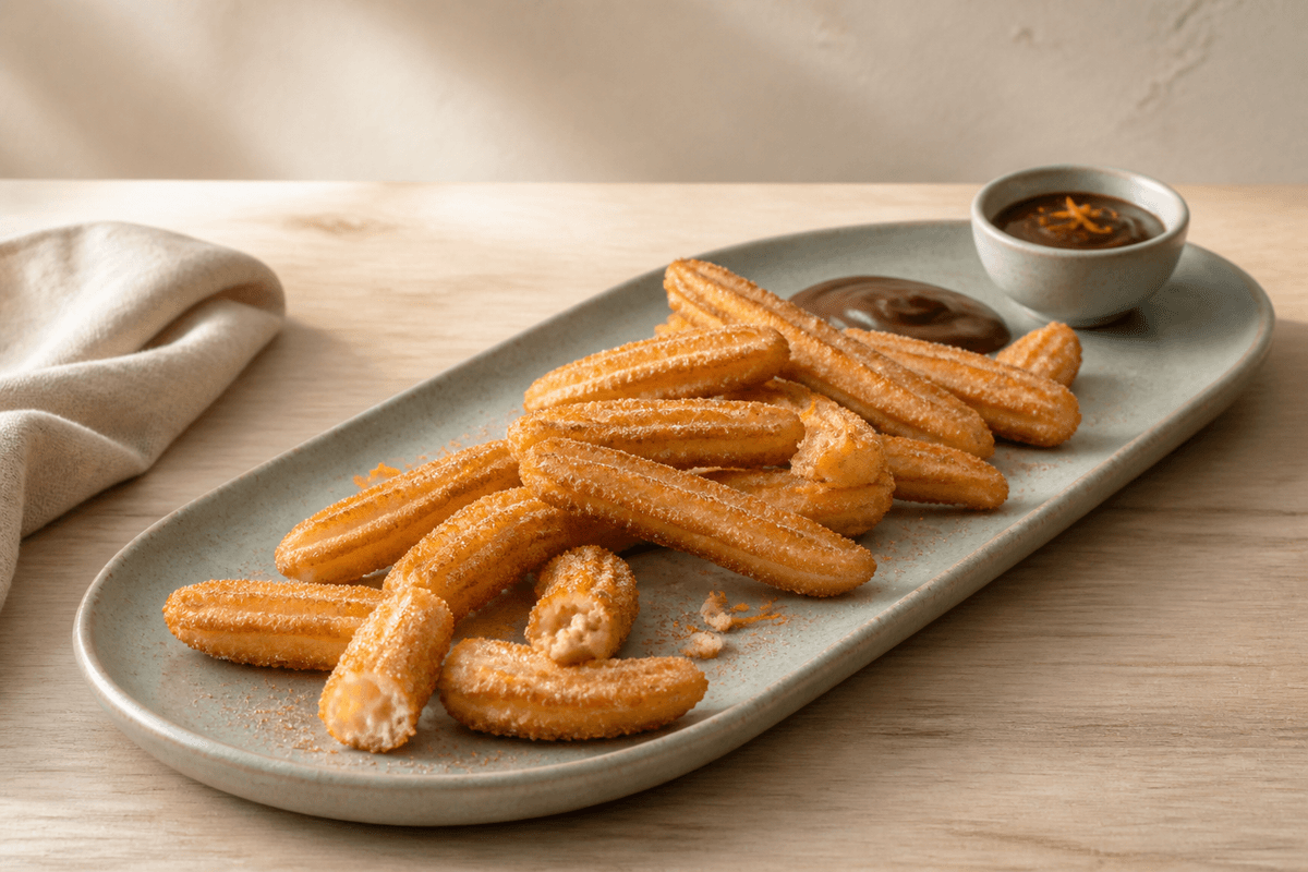 Sprøde korte churros med appelsin-kanelsukker og mørk chokolade-hasselnøddesauce på et langt salviegrønt fad
