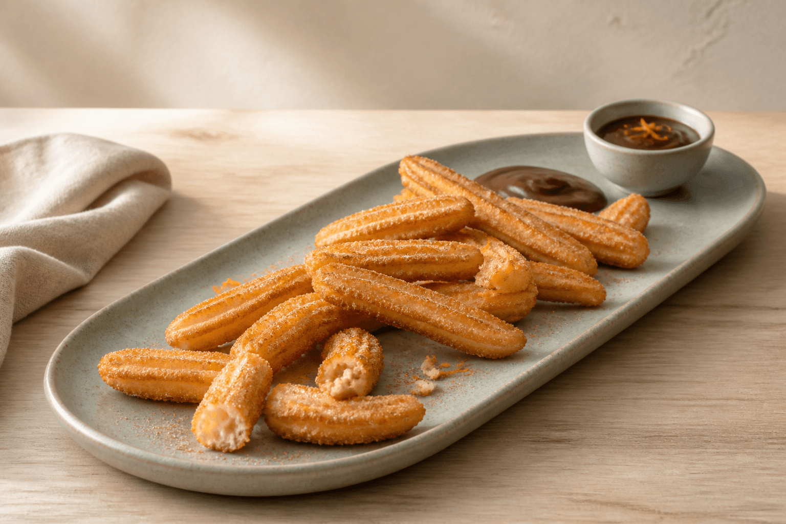 Sprøde korte churros med appelsin-kanelsukker og mørk chokolade-hasselnøddesauce på et langt salviegrønt fad