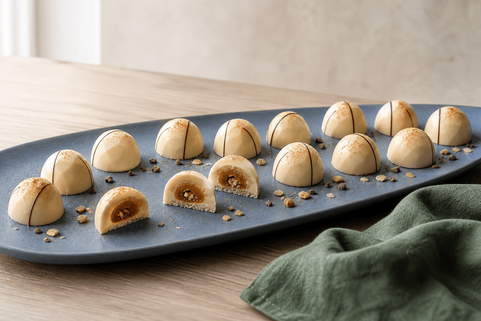Facetterede marcipanpraliner med blond chokolade, mørk Irish cream-karamel og rugpraline på et støvet blåt fad