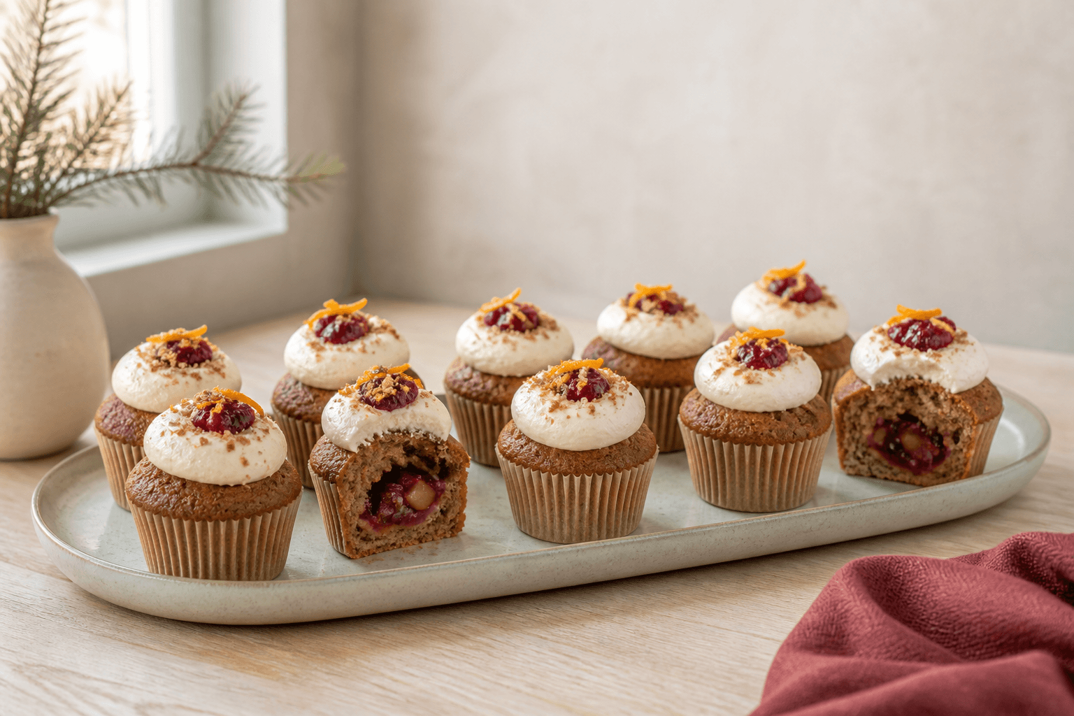 Julemuffins med krydderkrumme, tyttebær-æblekerne, skyr-mascarpone og rugcrumble på et lyst celadonfad
