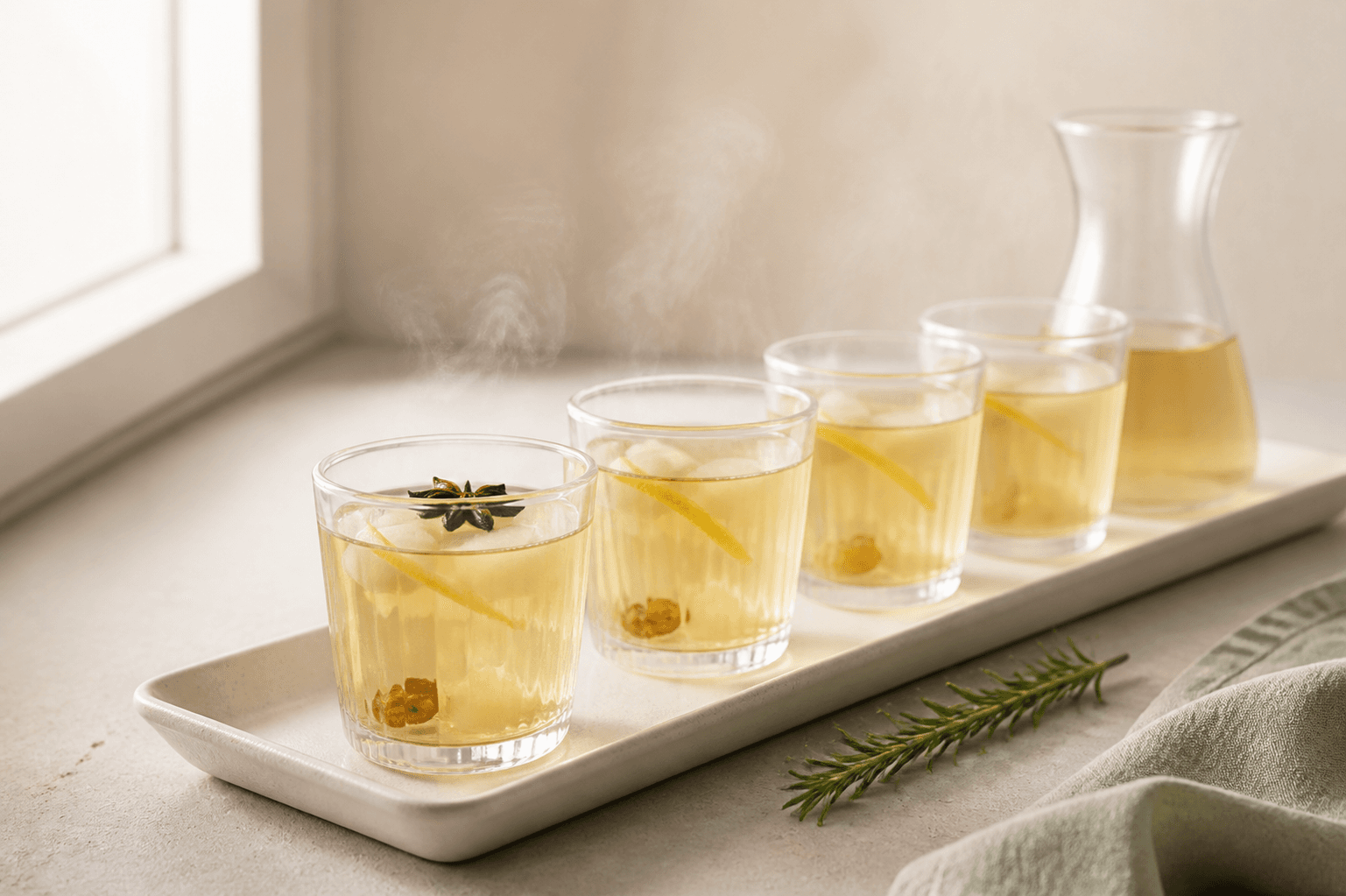 Klar hvid gløgg med pære, hyldeblomst, kardemomme og citron i fire små varmefaste glas på en lys bakke