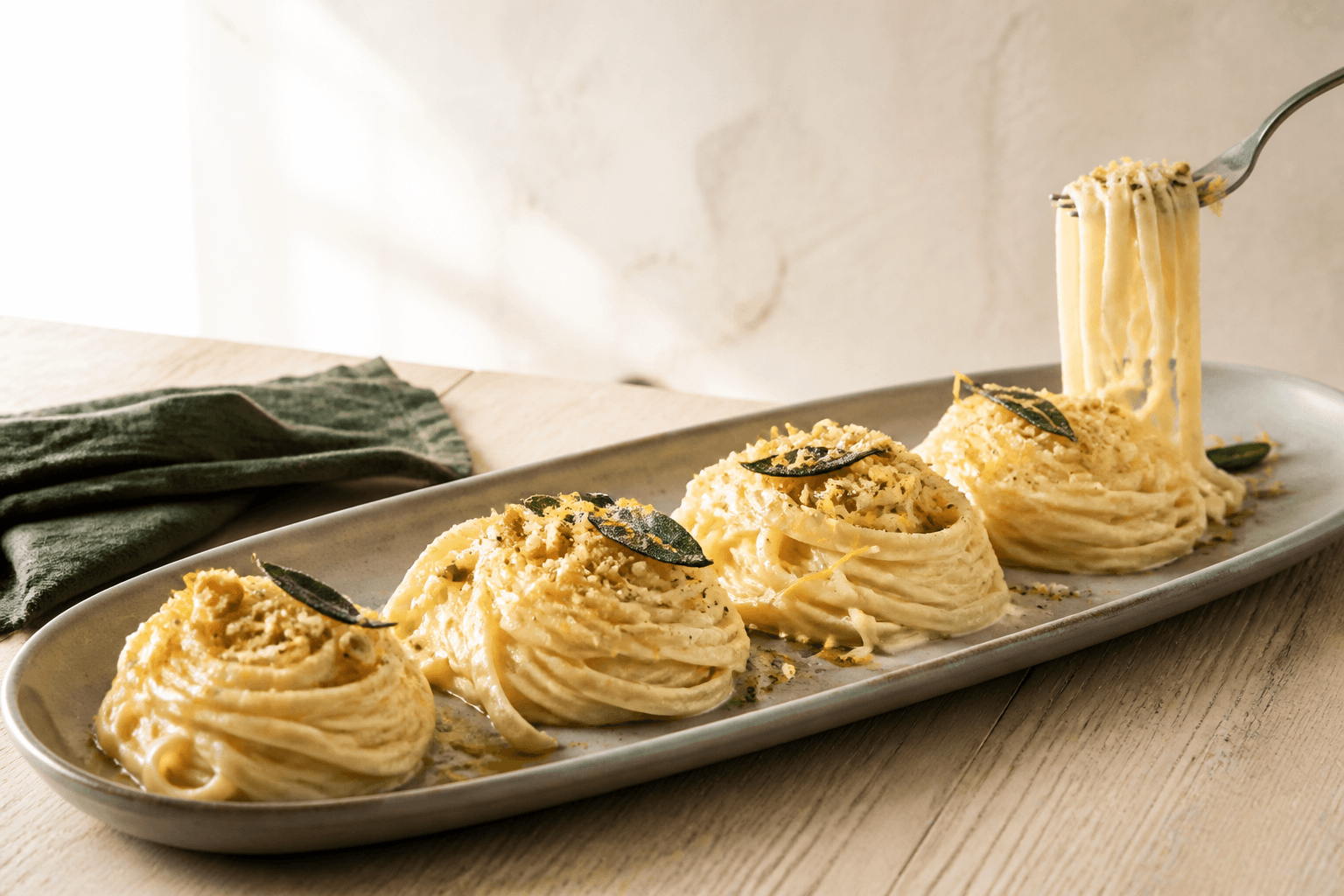 Fire blanke reder fettuccine Alfredo med sprød salvie, hasselnød, parmesan og citron på et langt grågrønt fad