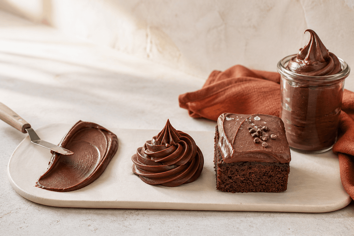 Mørk chokoladefrosting vist som glat strøg, sprøjtet roset, kagefelt og blank top i glas på en lang elfenbenspalette