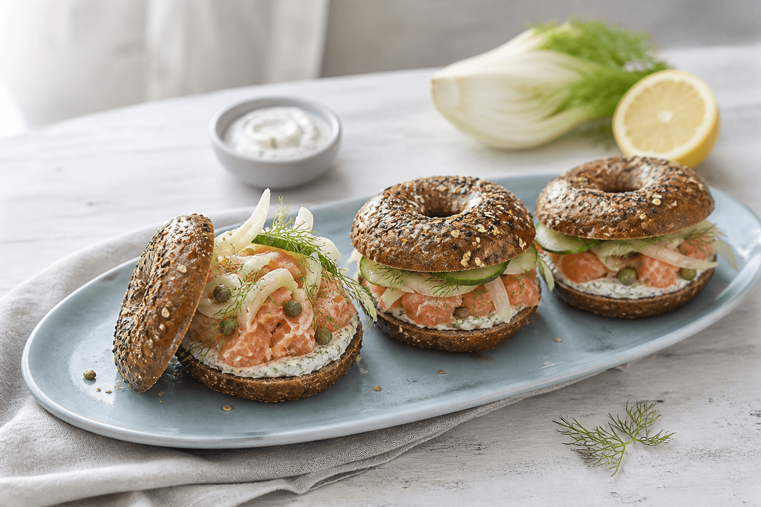 Tre mørke rugbagels med varmrøget laks, peberrods-dildcreme, syltet fennikel, agurk og kapers på et langt lyseblåt fad
