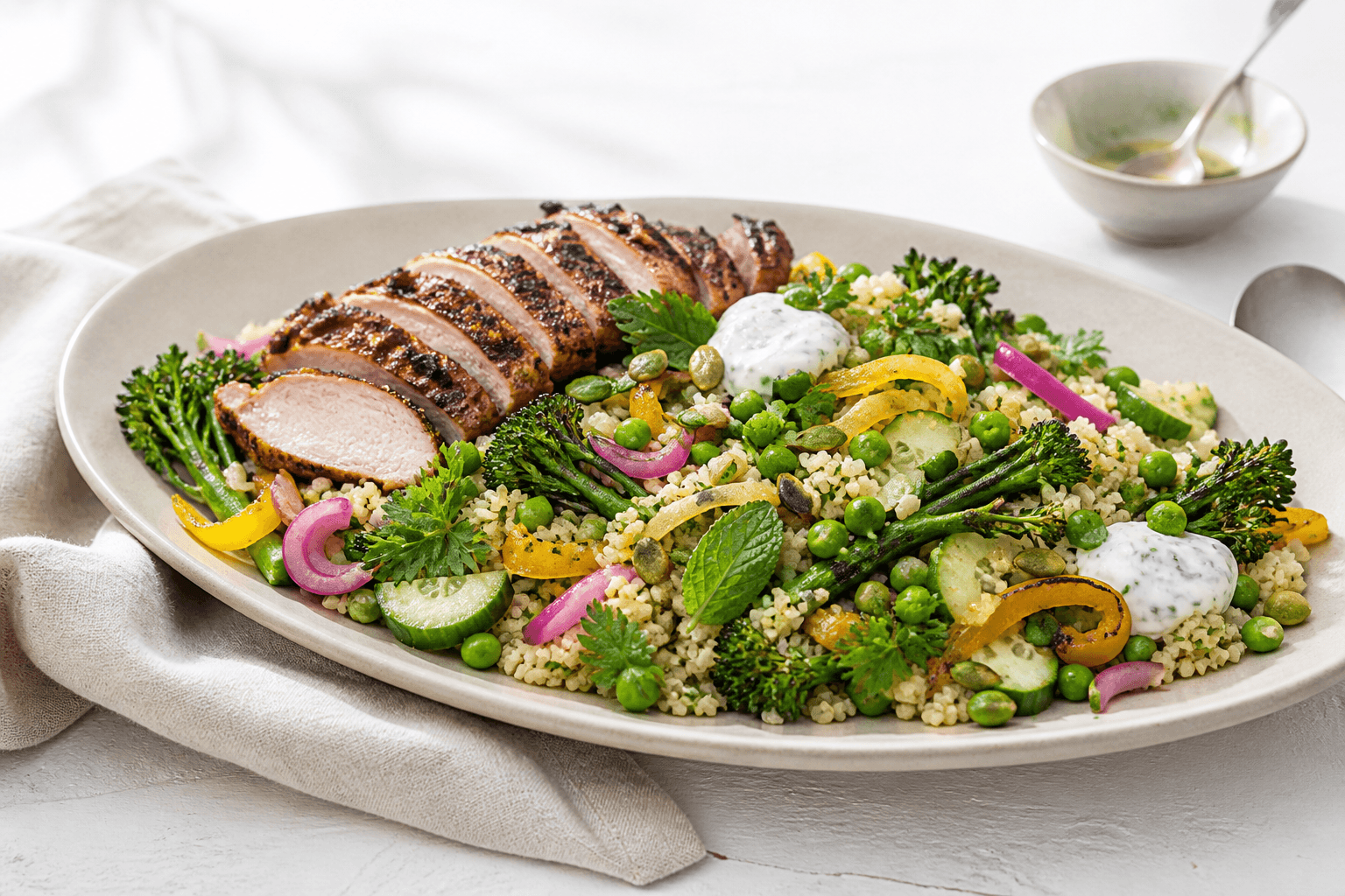 Bulgursalat med sumakgrillet kylling, broccolini, ærter, agurk, gul peber, saltet citron og urteyoghurt på et langt sandfarvet fad