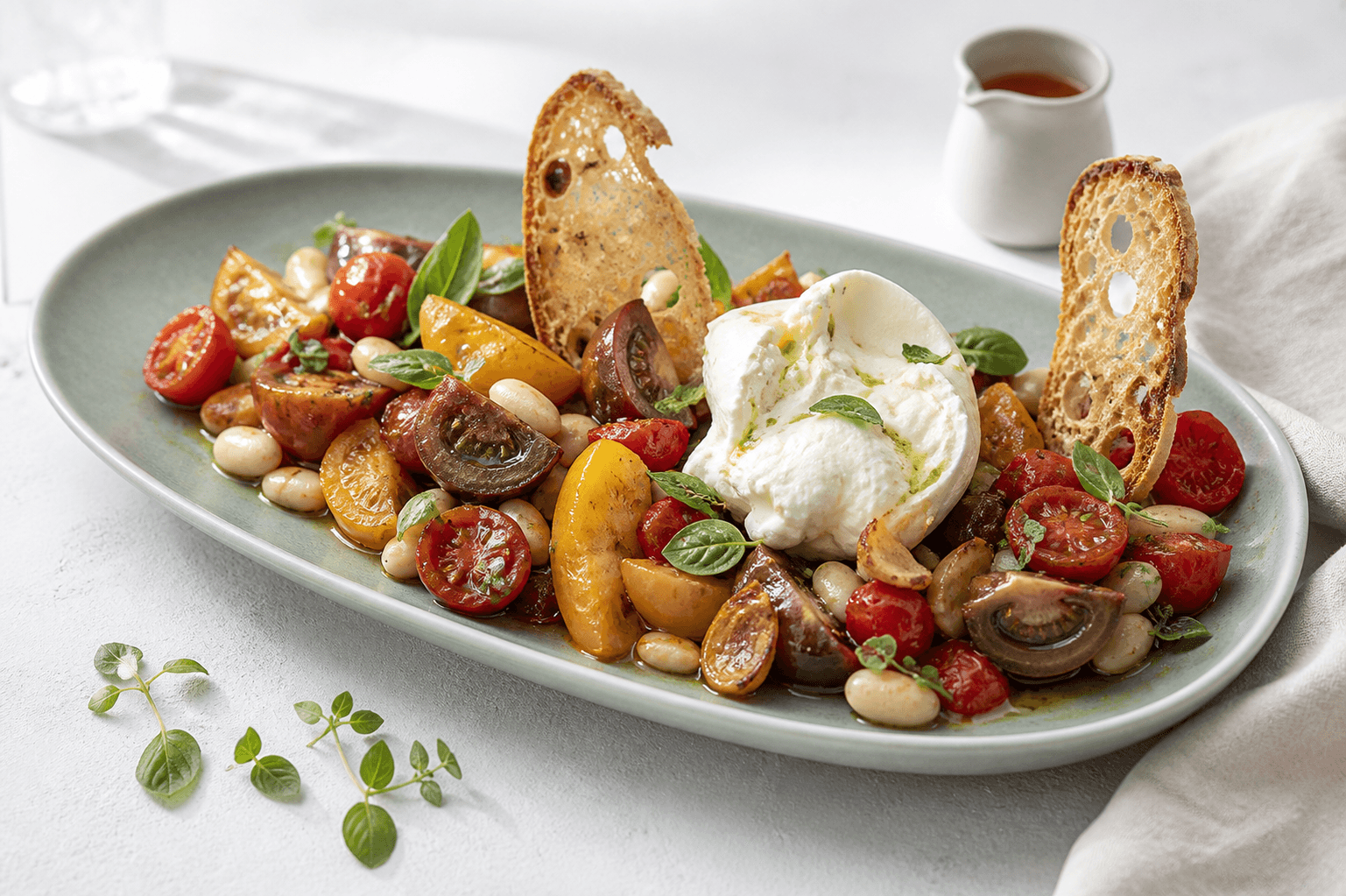 Lun salat med tre slags hvidløgsbagte tomater, hvide bønner, burrata, basilikumolie og sprøde surdejsflager på et langt havgrønt fad