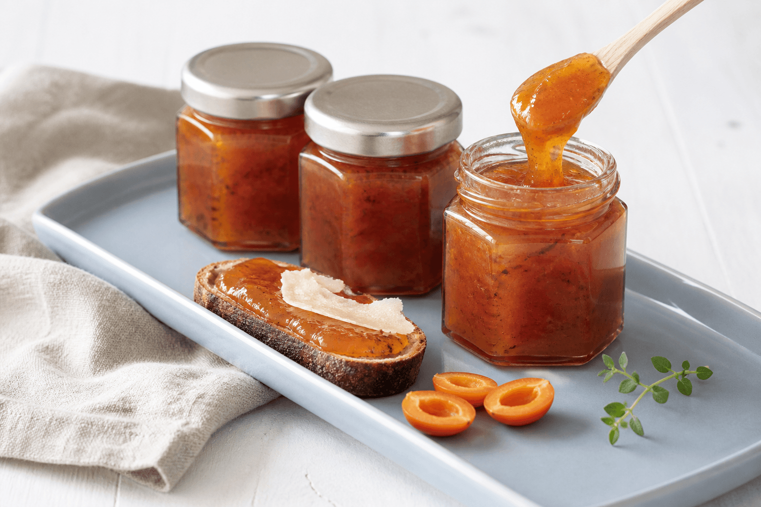 Tre lave glas hybenmarmelade med havtorn, æble og vanilje på lyseblå bakke med ostemad og halverede hyben