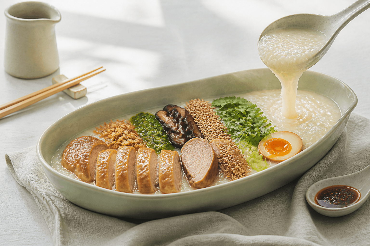 Silkeblød congee med sojapocheret kylling, ingefær-forårsløgsolie, sprøde skalotteløg, shiitake og teæg i lav celadongryde