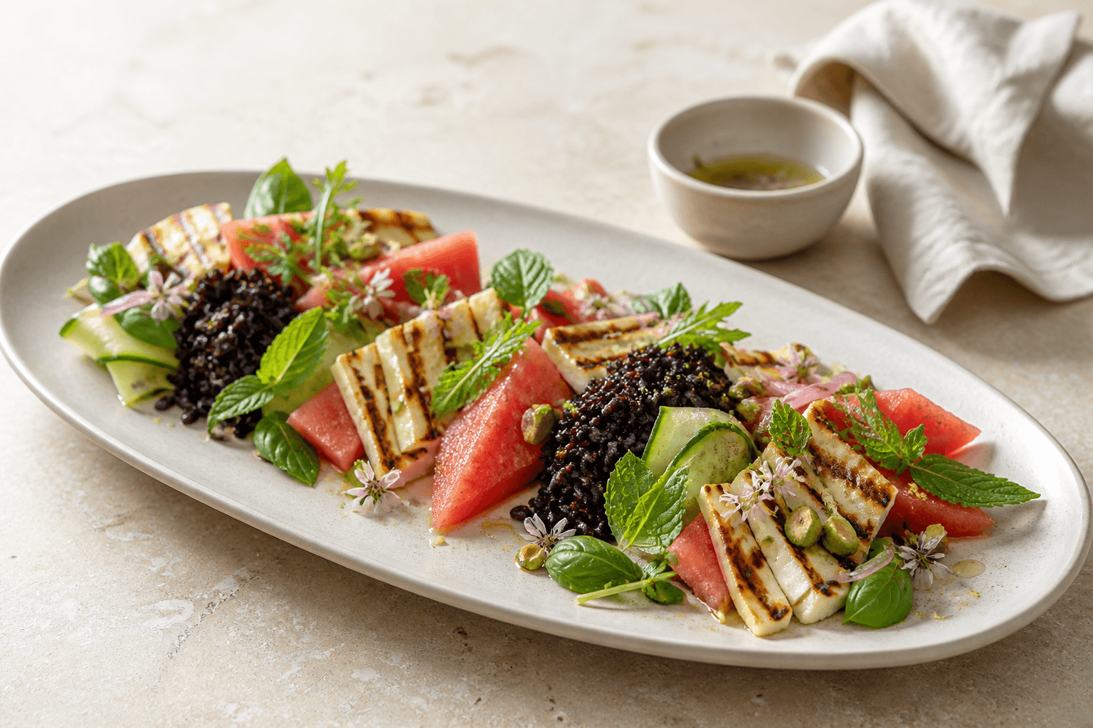 Lang vandmelonsalat med grillet halloumi, sorte ris, agurk, syltet rødløg, pistacier, mynte og hyldeblomst-lime