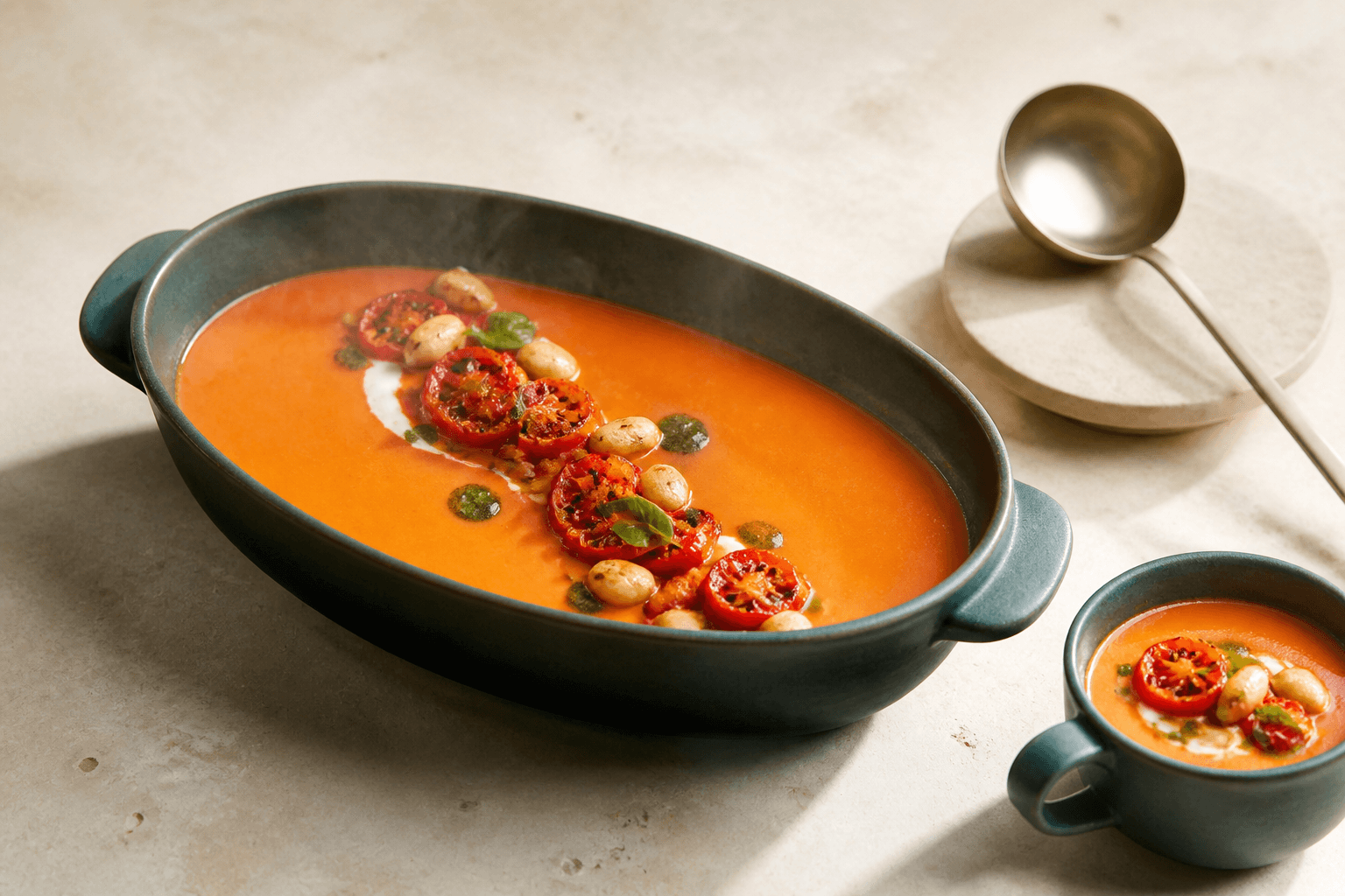 Silkeblød grillet tomat-peberfrugtsuppe i langt petrolgrønt fad med grillede tomater, sprøde hvide bønner, basilikumolie og citroncreme