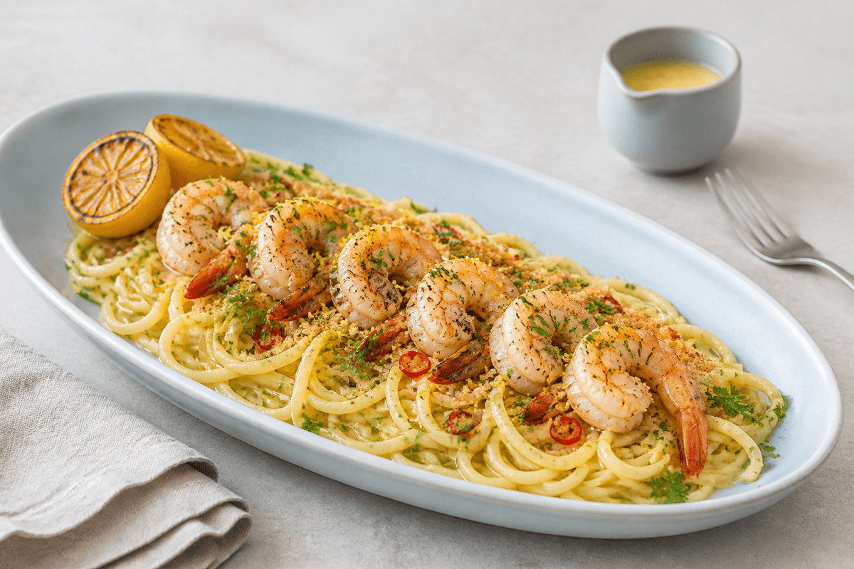 Blank spaghetti med otte stegte rejer, hvidløg-citron-skalemulsion, chili, urter og rugpangrattato på langt lyseblåt fad