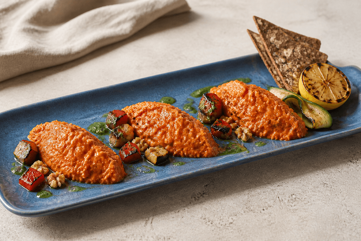 Tre serveringer røggrillet ajvar med peber, aubergine, valnød og persilleolie på langt støvet blåt fad