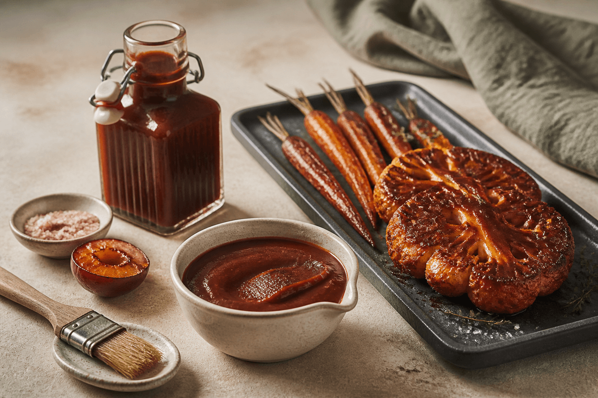 Mørk barbecuesauce med ristet blomme og kaffe i glasflaske og saucekande med glaserede gulerødder og blomkål