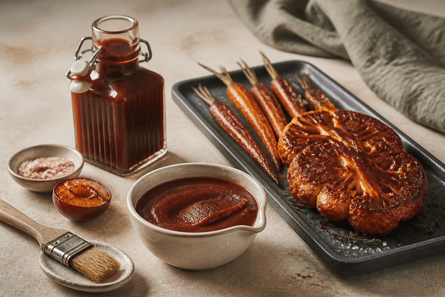 Mørk barbecuesauce med ristet blomme og kaffe i glasflaske og saucekande med glaserede gulerødder og blomkål
