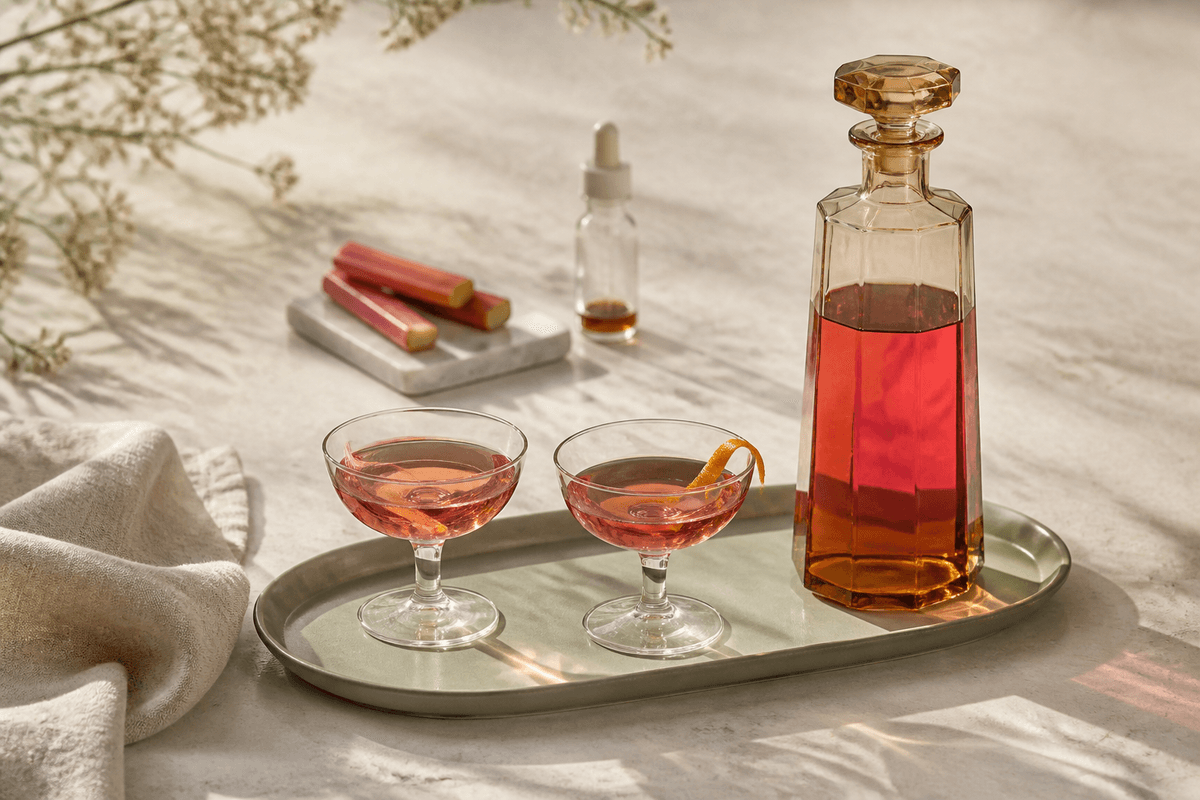 Pink rabarberlikør med grapefrugt og vanilje i facetslebet karaffel og to lave glas på lysegrøn bakke
