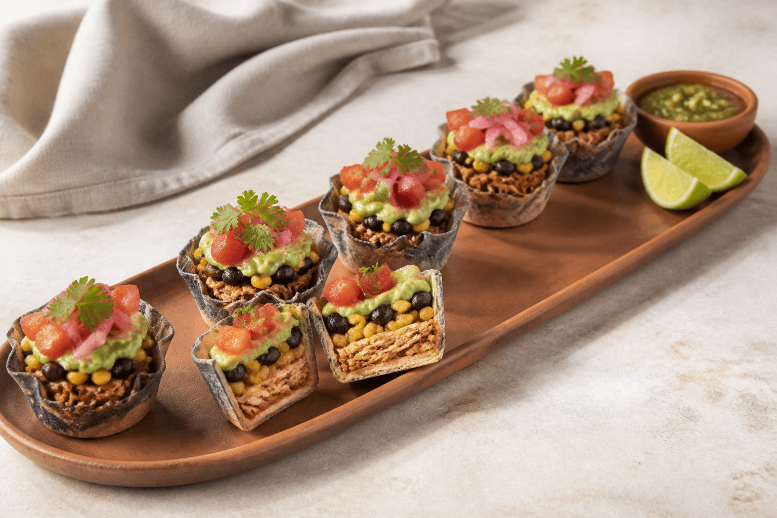 Seks sprøde mørke tacoskåle med chipotlekylling, sorte bønner, majs, avocadocrema og syltet rødløg på terrakottafad
