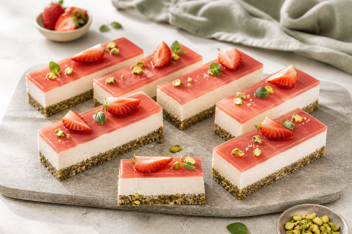 Otte rektangulære jordbærcheesecakebarer med pistacie-havrebund, vaniljeskyr og tynd rabarbergel på varm grå stensokkel