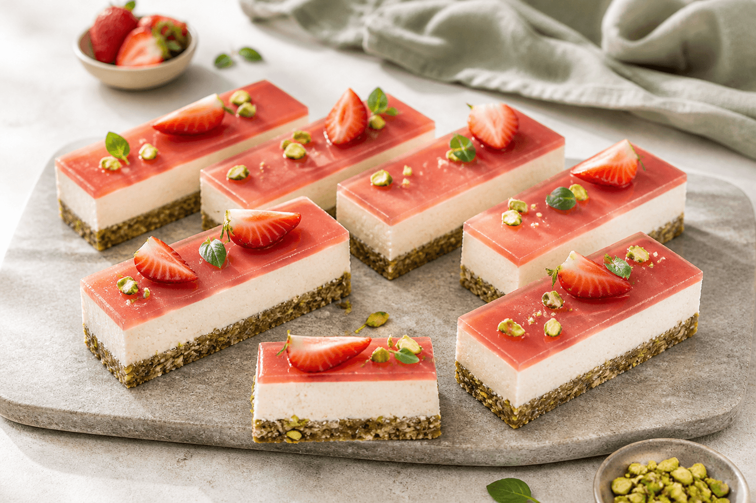 Otte rektangulære jordbærcheesecakebarer med pistacie-havrebund, vaniljeskyr og tynd rabarbergel på varm grå stensokkel