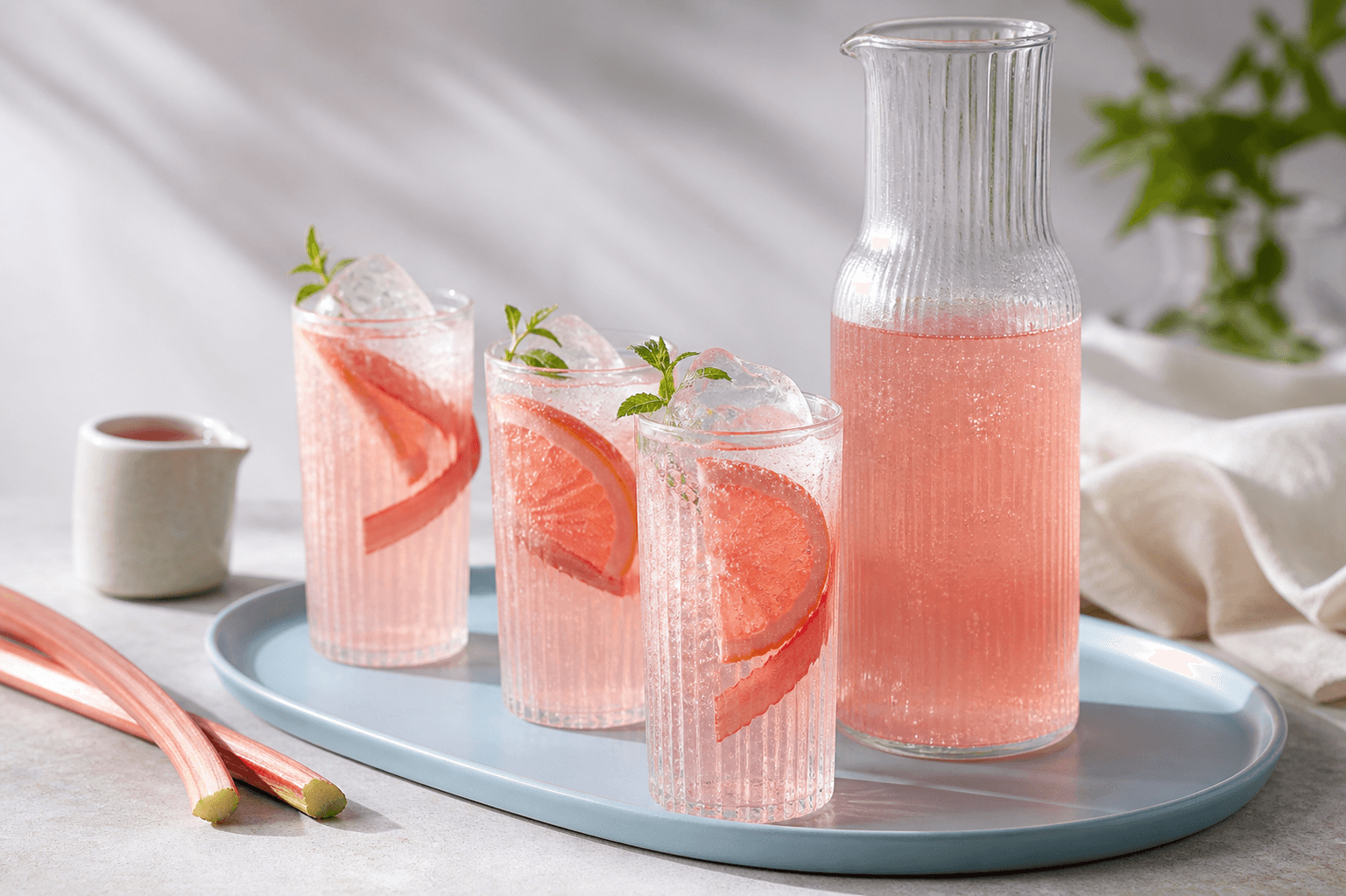 Pink rabarberlemonade med grapefrugt og citronverbena i riflet karaffel og tre høje glas på lyseblå bakke