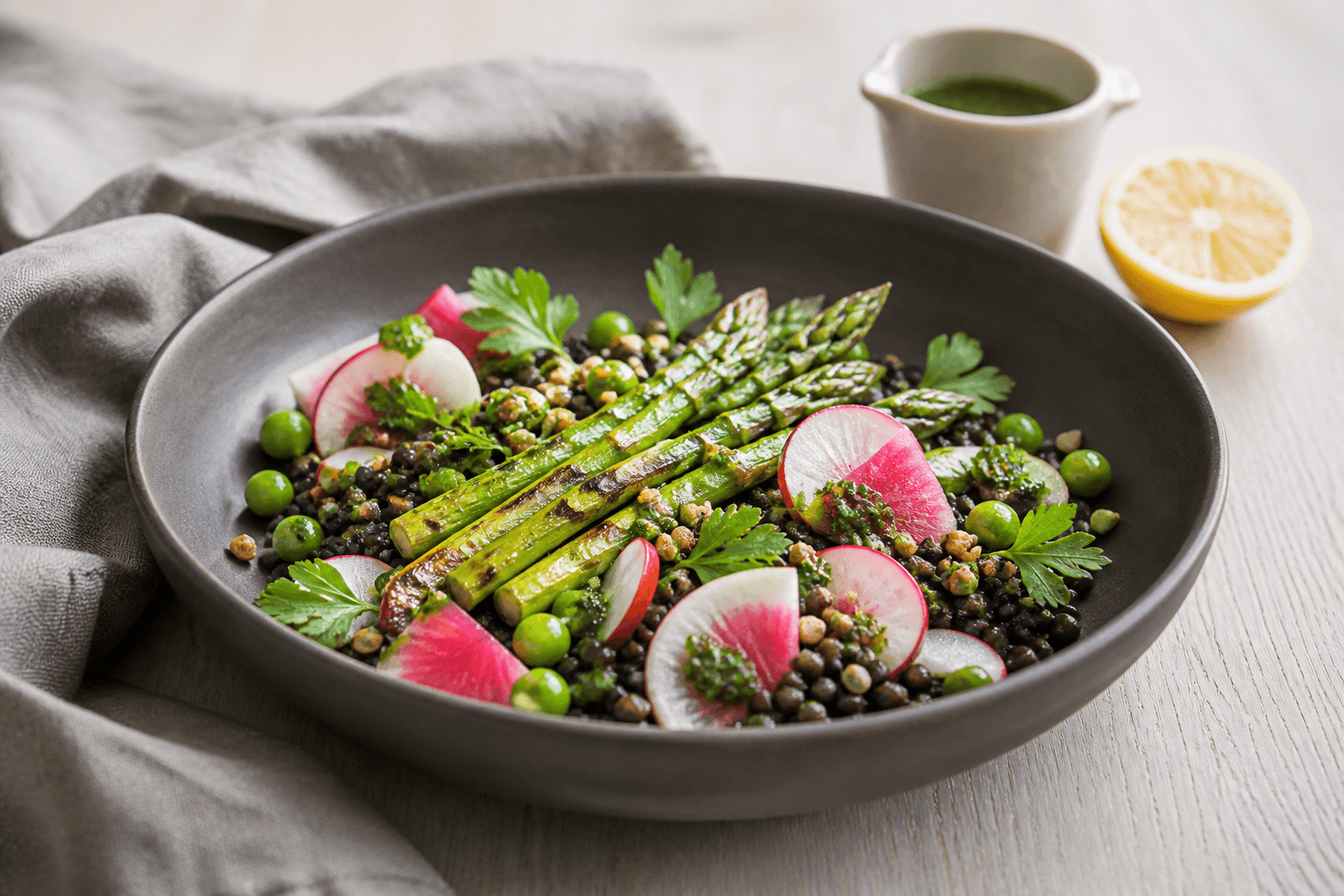 Lun belugalinsesalat med grillede asparges, radiser, ærter, ramsløgsvinaigrette og sprød boghvede i mørk skål