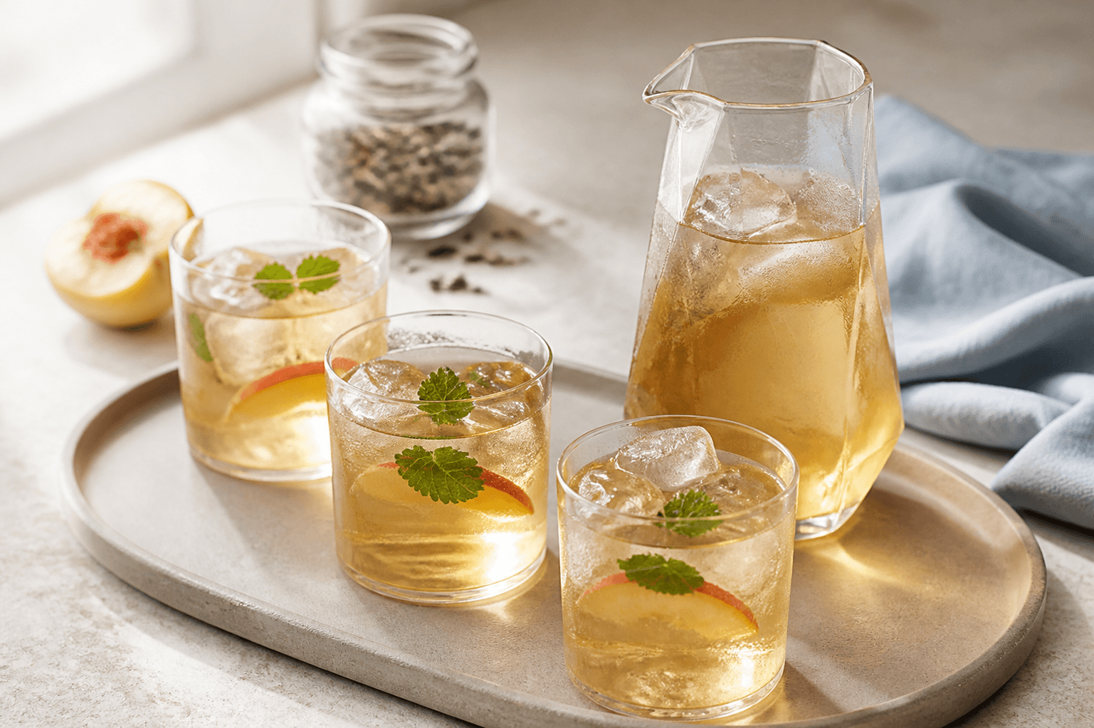 Koldbrygget jasmin-iste med hvid fersken, citron og citronmelisse i kantet glaskande og lave glas