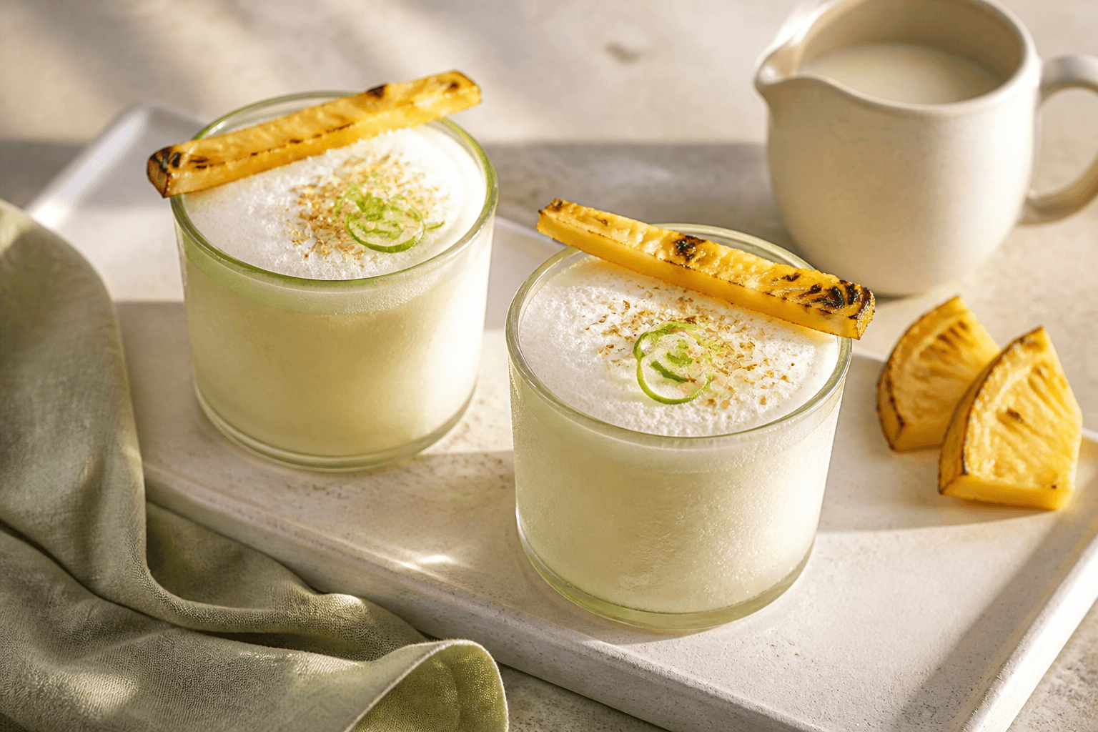 Cremet Piña Colada med ristet ananas, kokosvand, lime og lys rom i to lave grønkantede glas