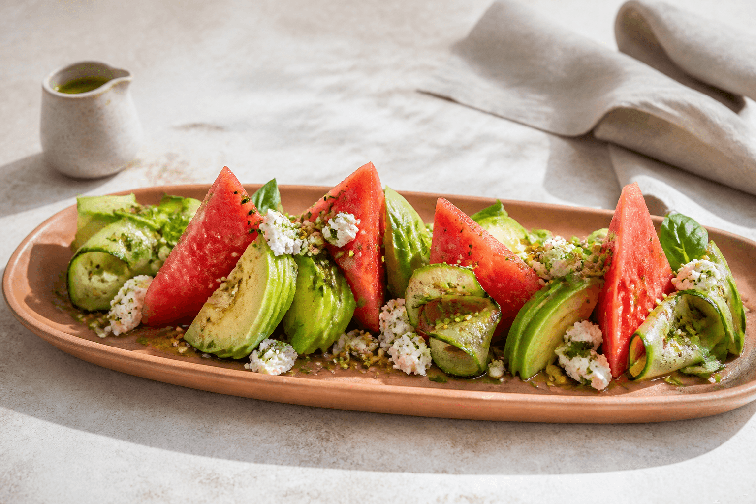 Vandmelonsalat med avocado, grillede agurkebånd, feta, lime og pistacie-dukkah på langt terrakottafad