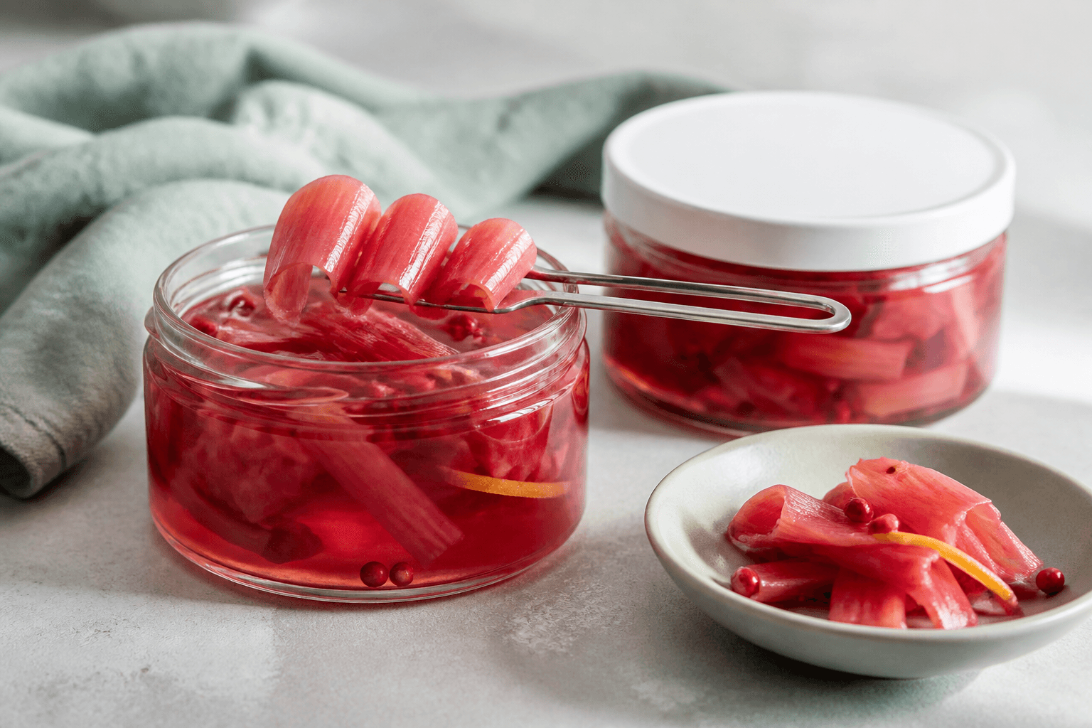 Råsyltede rabarberbånd og stykker i klar pink hyldeblomstlage med pink peber og citronskal i lave glas