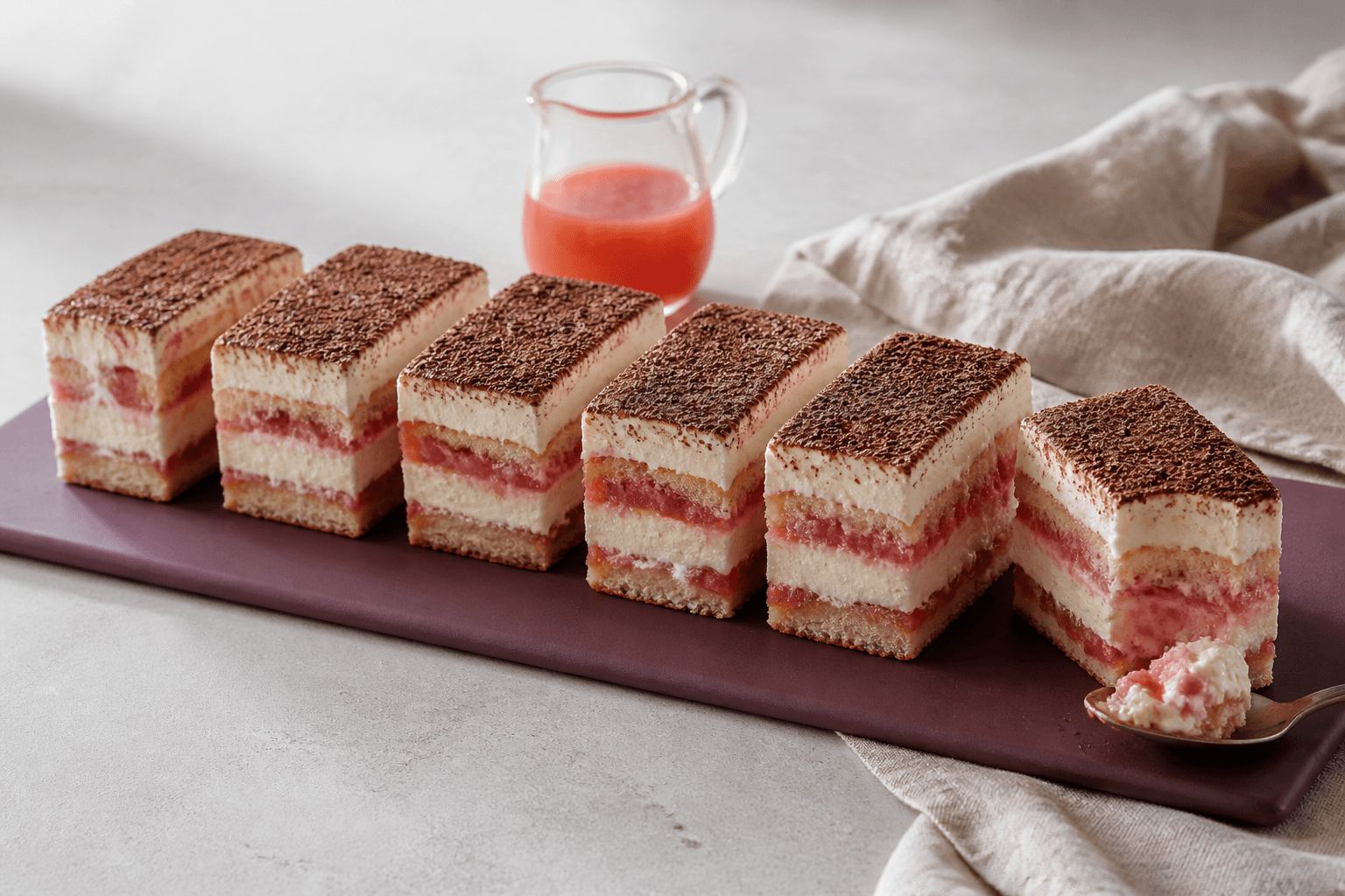 Seks rektangulære rabarbertiramisu med tydelige lag af ladyfingers, coralrød kompot, mascarponecreme og kakao på bordeaux fad