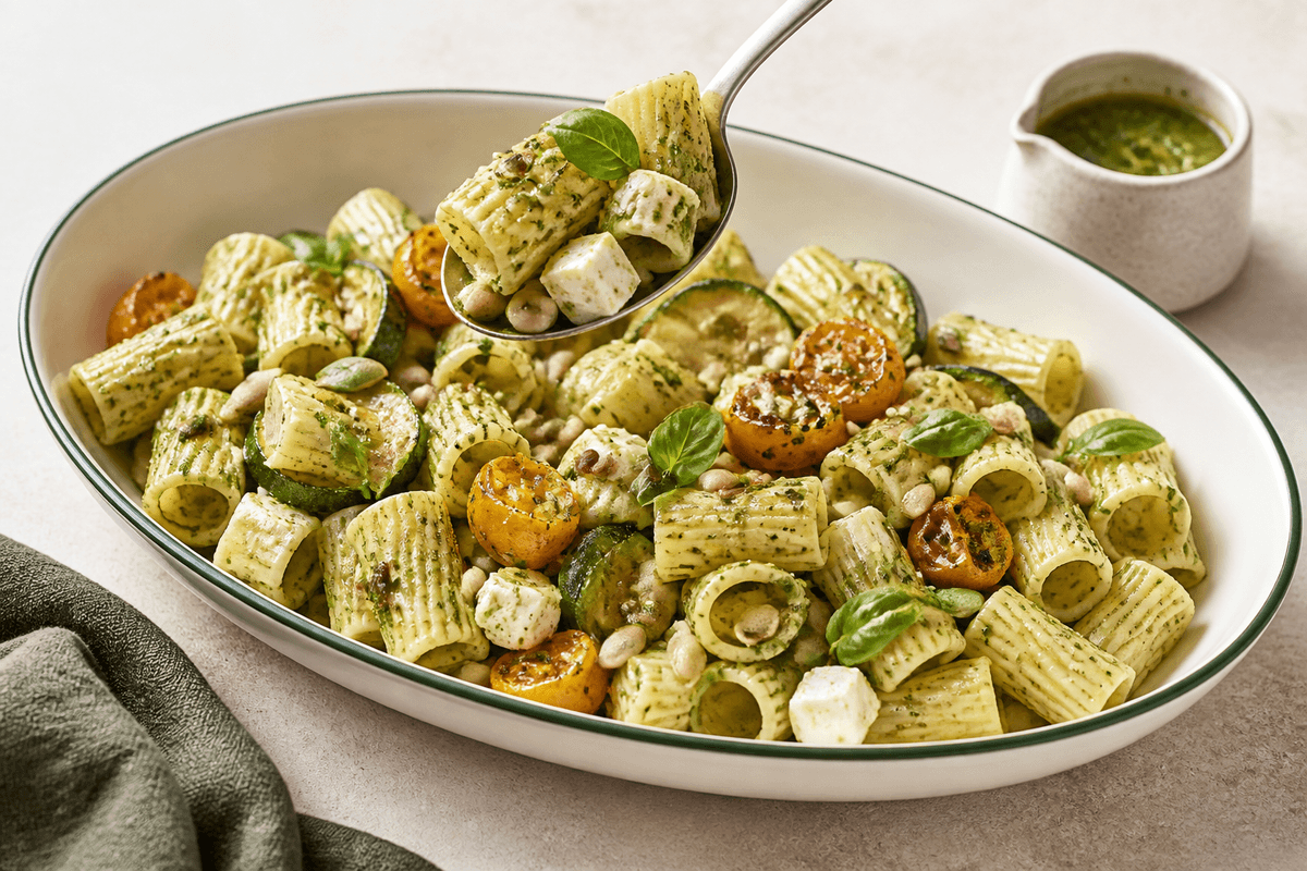 Pastasalat med korte rørpasta, lys ærte-basilikumpesto, ristede gule tomater, squash, feta, hvide bønner og græskarkerner