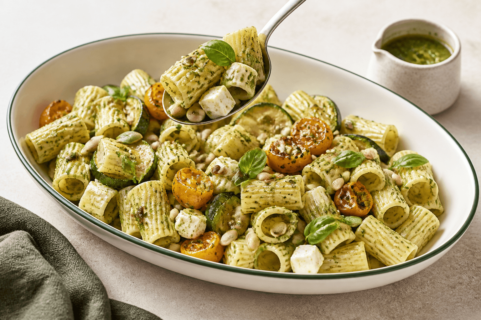Pastasalat med korte rørpasta, lys ærte-basilikumpesto, ristede gule tomater, squash, feta, hvide bønner og græskarkerner