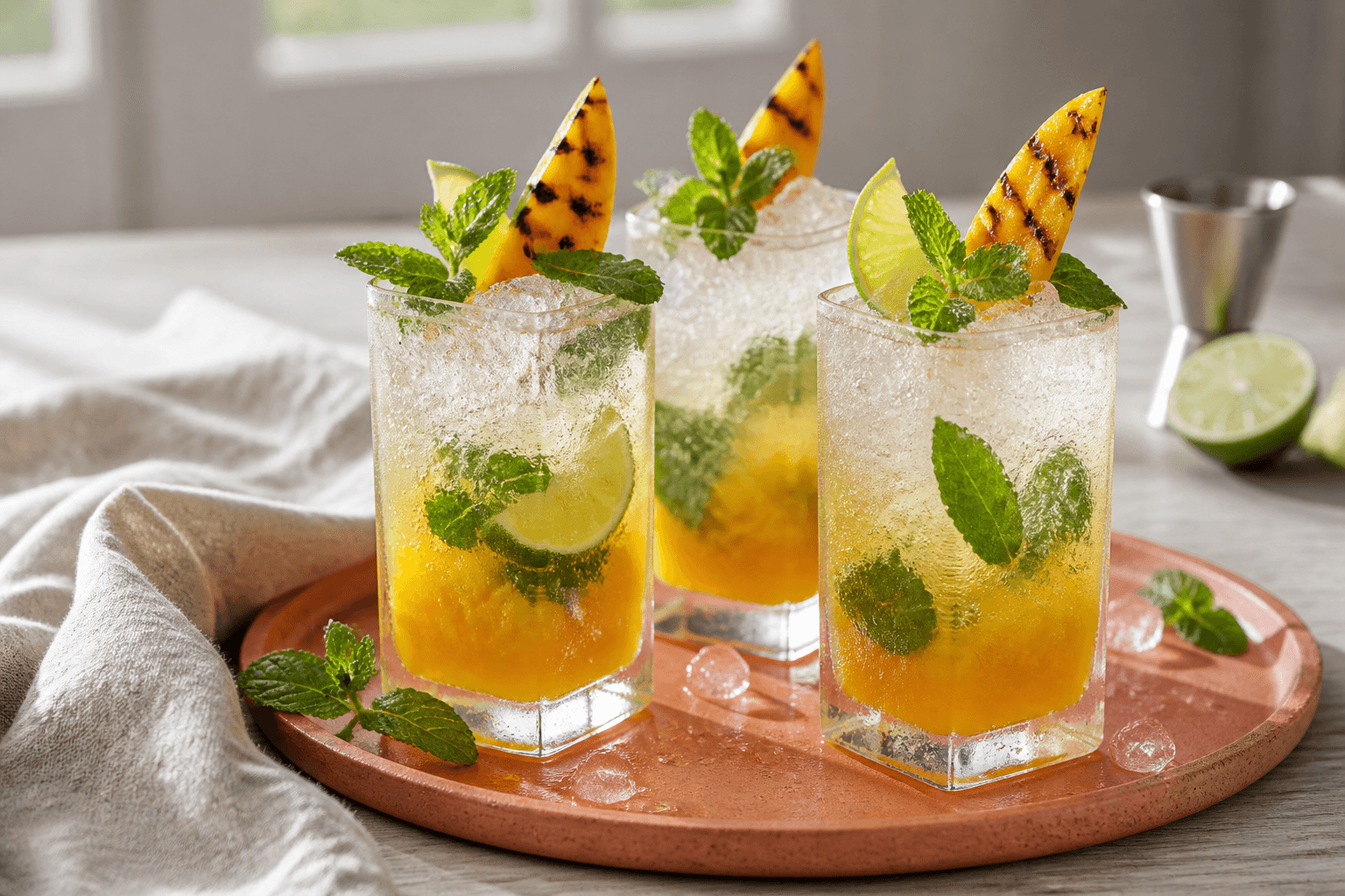 Tre mango-mojito med grillet mangospyd, lime, mynte og knust is i firkantede glas på terrakottafad