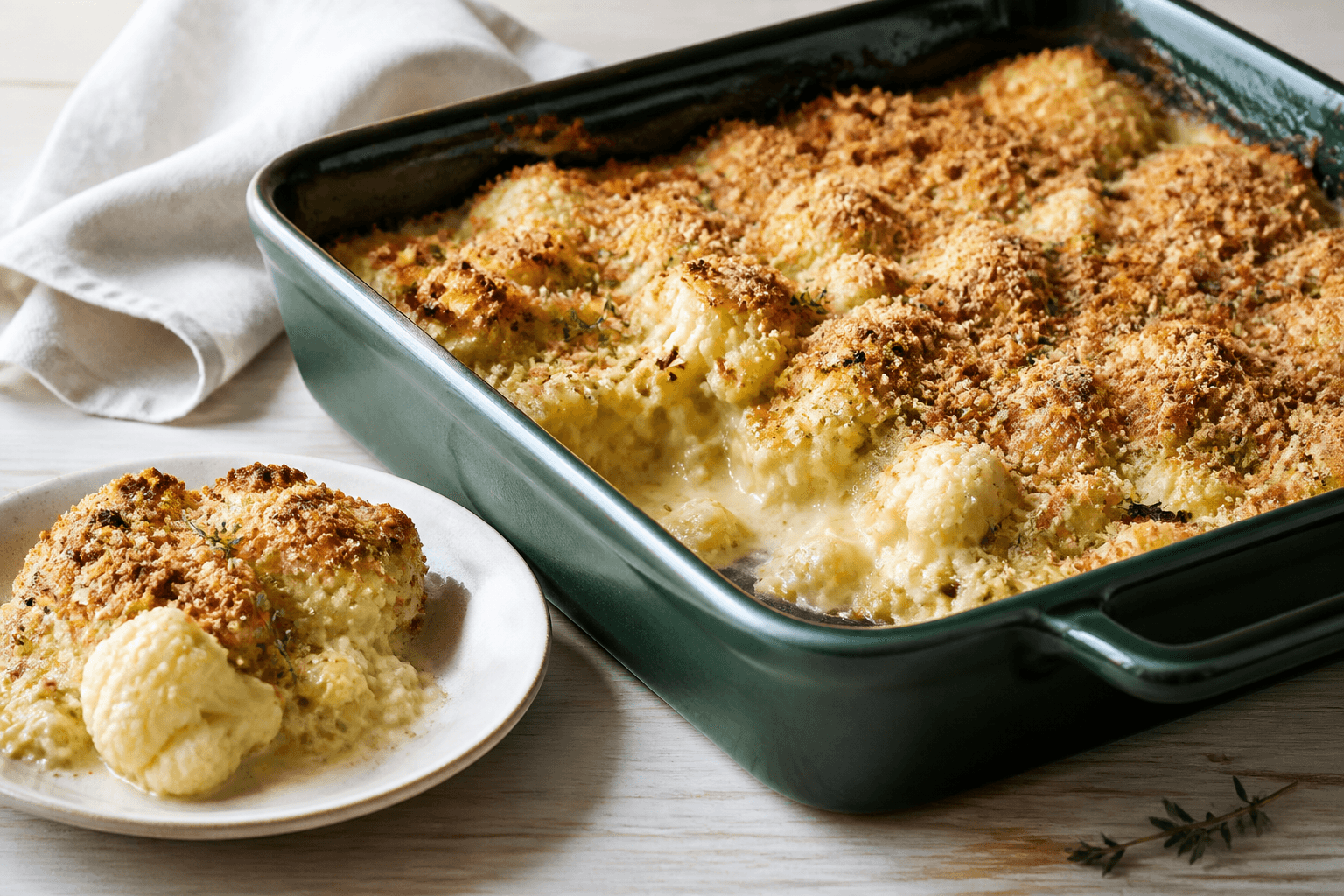 Blomkålsgratin med porre, sennepsbechamel, lagret ost og gylden rugcrumble i mørkegrønt ovnfad