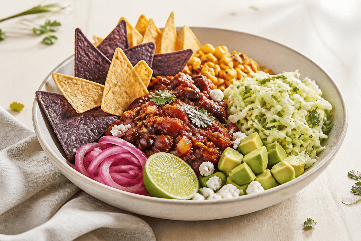 Vegetarisk nachos-bowl med sort bønnechili, blå og gyldne chips, grillet majs, avocado-limeslaw, syltede rødløg og feta