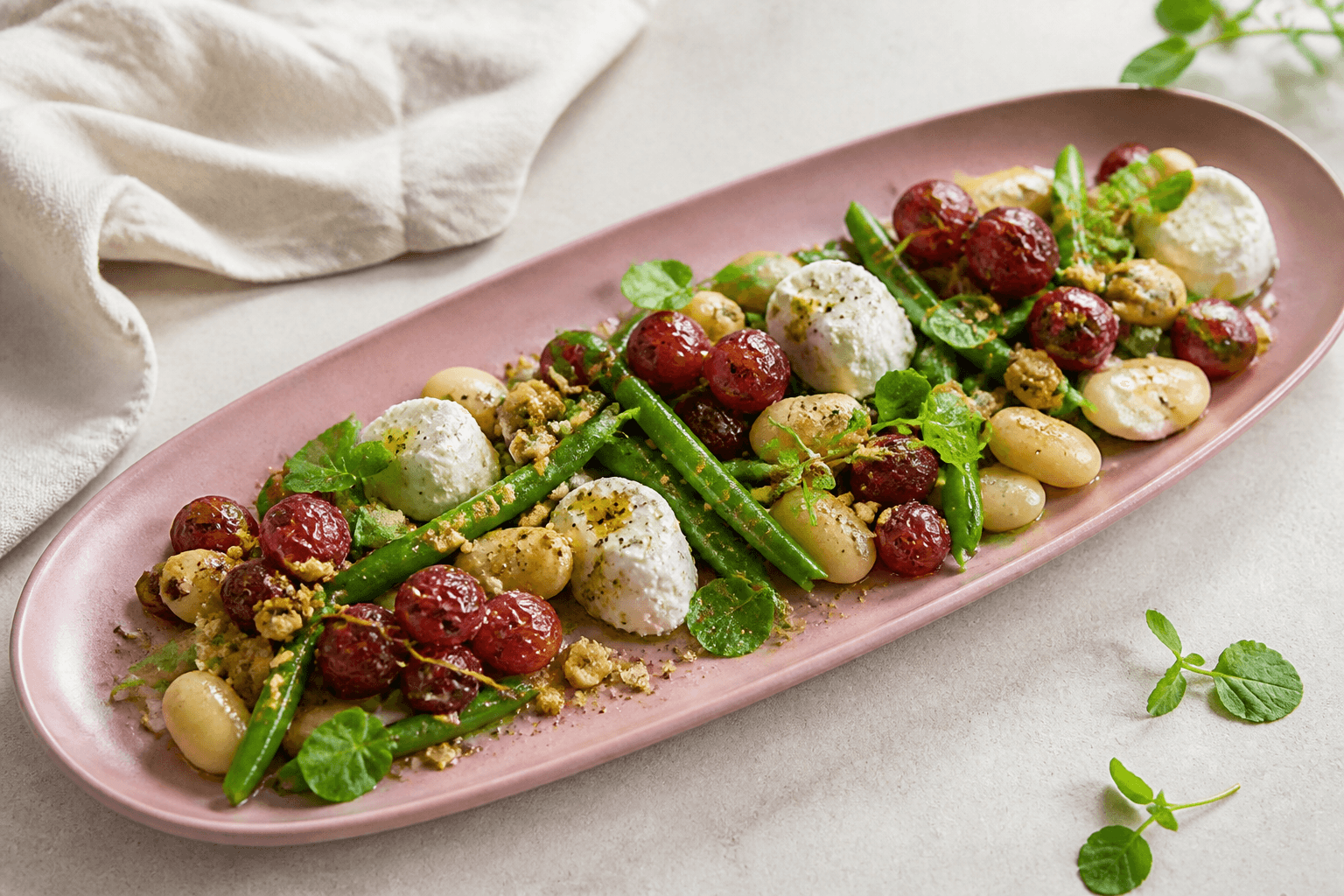 Lun bønnesalat med grønne bønner, smørbønner, bagte røde druer, gedeost, vandkarse og rug-hasselnøddecrumble på rosa fad