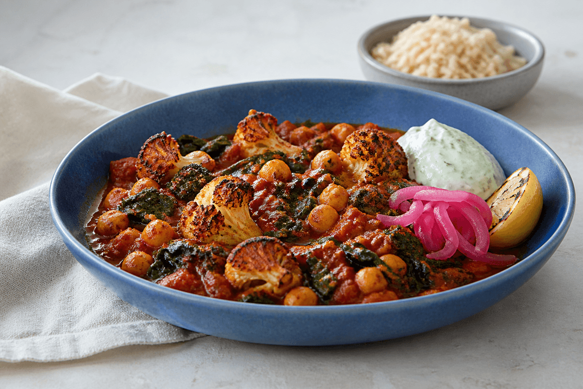 Chana masala med kikærter, ristet blomkål, spinat, tomat, mynteyoghurt og syltede løg i koboltblå skål