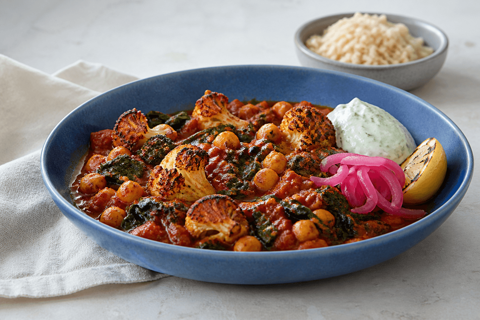 Chana masala med kikærter, ristet blomkål, spinat, tomat, mynteyoghurt og syltede løg i koboltblå skål