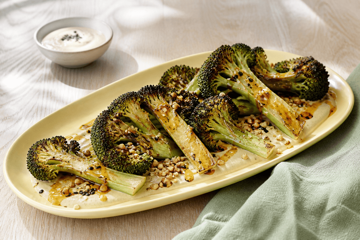 Bagt broccoli med mørke kroner på citron-tahincreme med chilihonning, sort og hvid sesam og sprød boghvede på lysegult fad