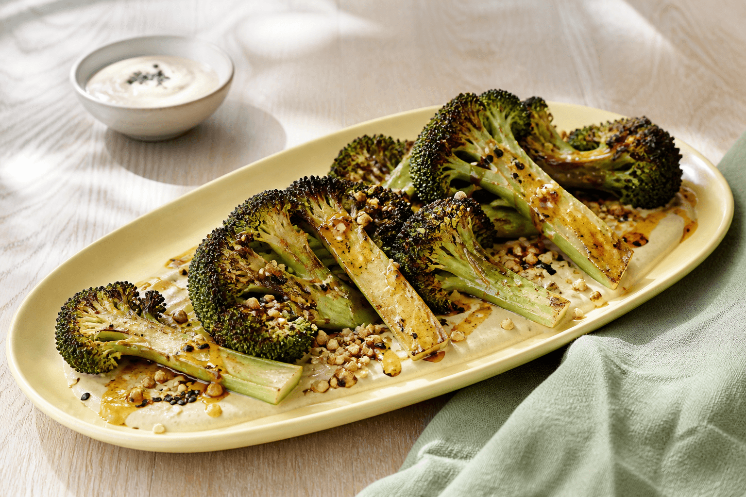 Bagt broccoli med mørke kroner på citron-tahincreme med chilihonning, sort og hvid sesam og sprød boghvede på lysegult fad