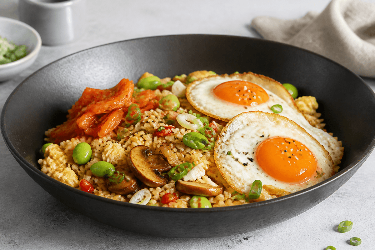 Stegte ris med kimchi, brunede svampe, edamame, forårsløg, sesam og to sprødstegte æg i sort skål