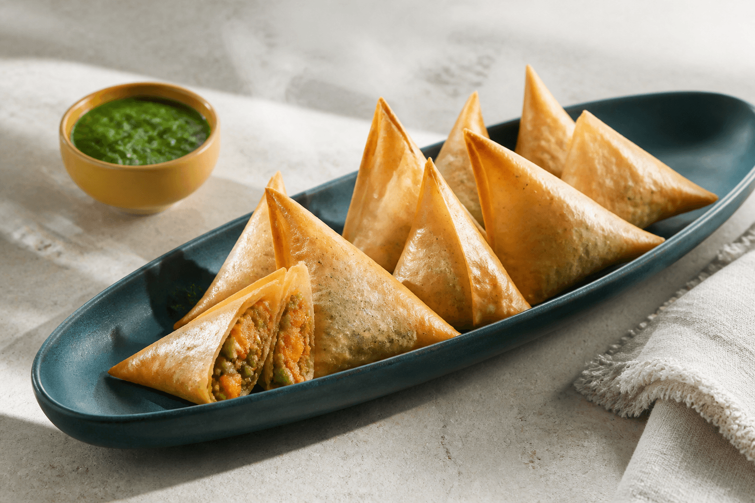 Ovnbagte trekantede samosa med sød kartoffel, grønne linser og ærter på mørkegrønt fad med korianderchutney