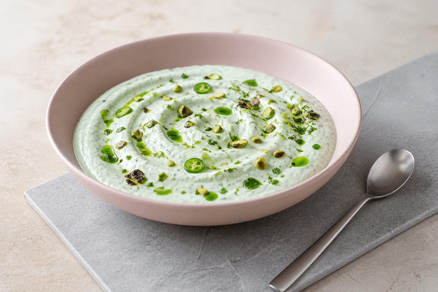 Lysegrøn mynte-korianderdip med lime, grøn chili, urteolie og pistacie i bred rosa skål