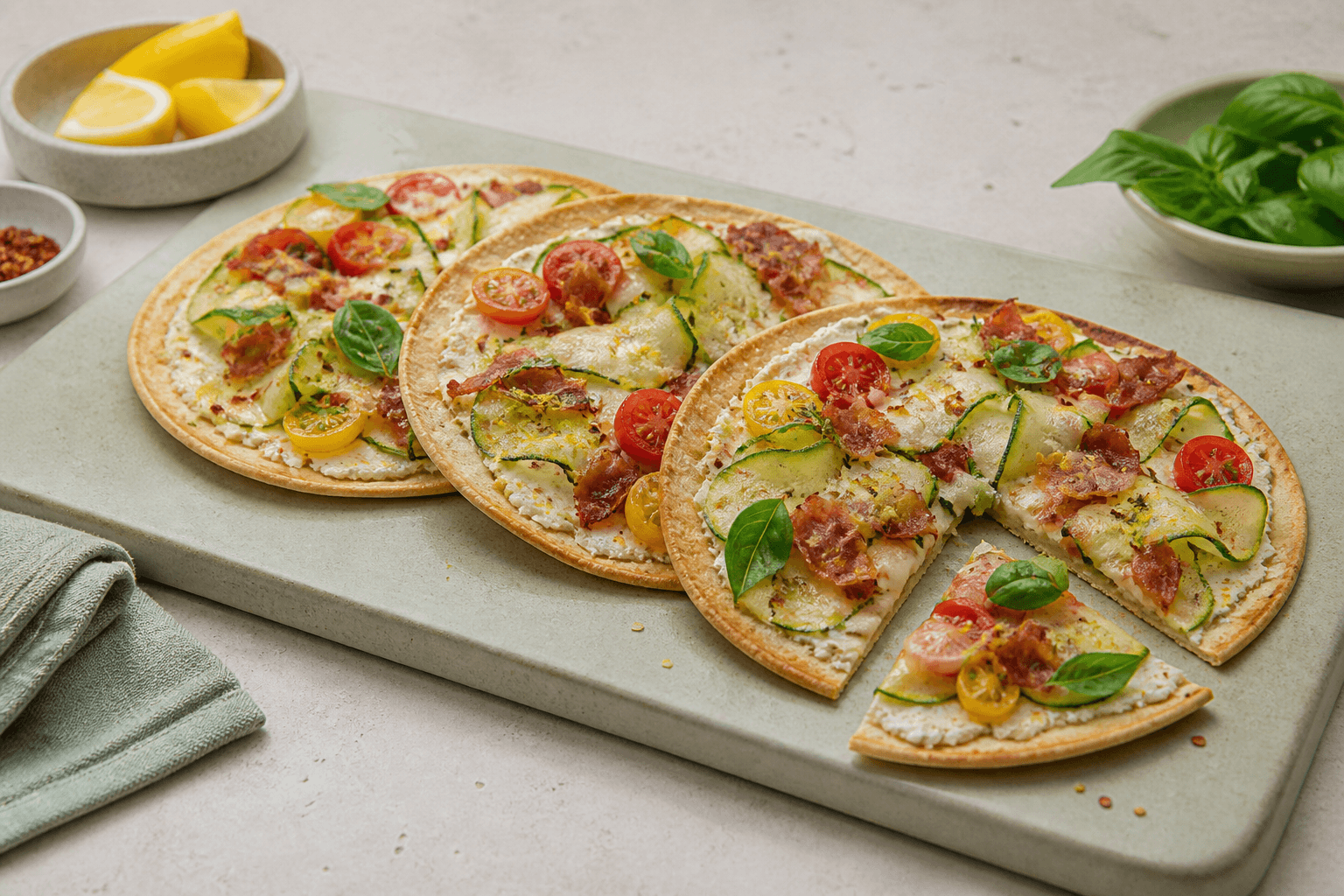 Tre sprøde tortillapizzaer med ricotta, squashbånd, røde og gule tomater, serrano, mozzarella, citron og basilikum på salviegrøn plade