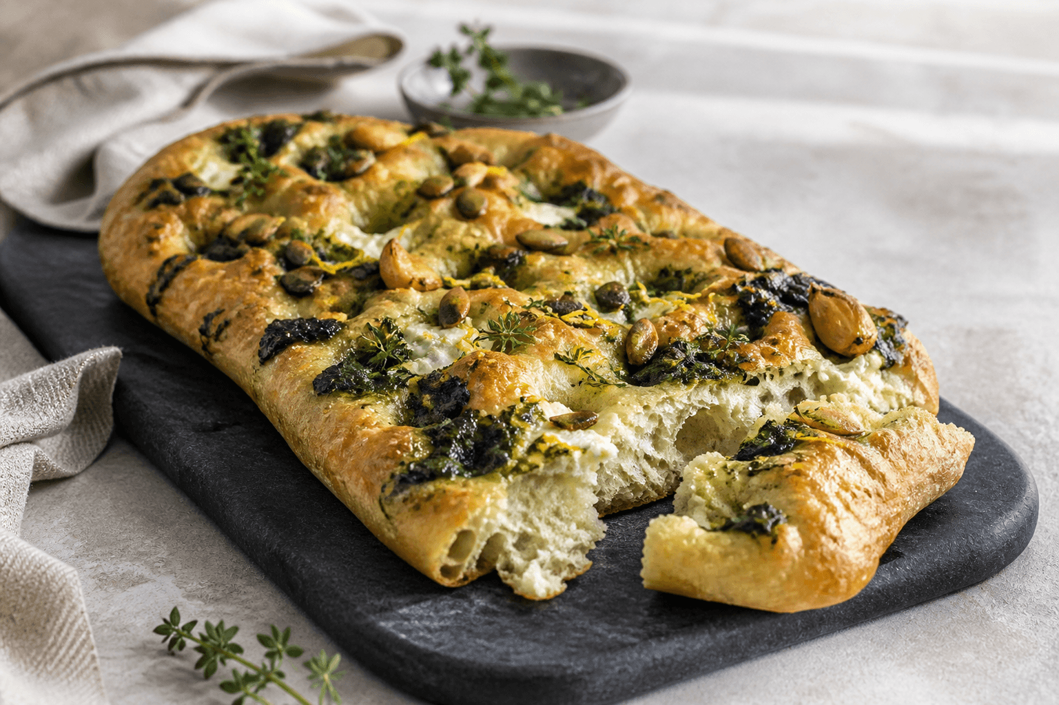 Lang oval focaccia med spinatpesto, ricotta, bagte hvidløgsfed, græskarkerner, citron og timian på mørk plade